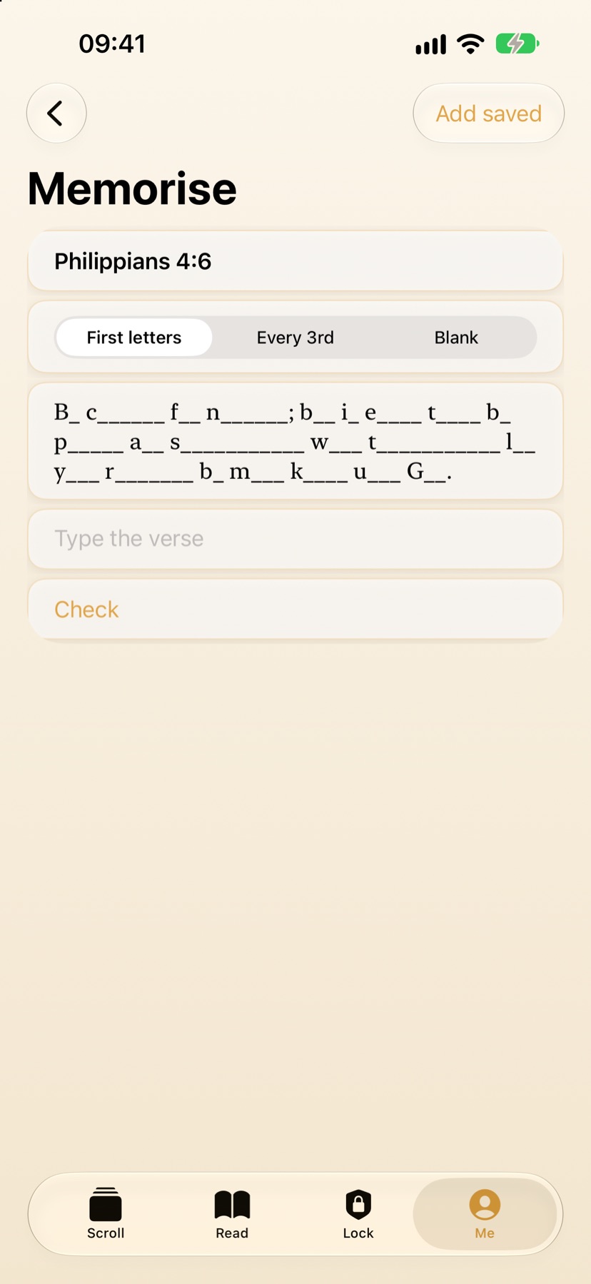 Memorise: Philippians 4:6 shown as first letters only, with a box to type the verse from memory.