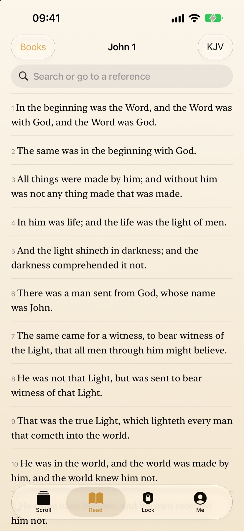 The Bible reader open at John chapter 1 in the King James Version, with a search bar and a translation switcher.