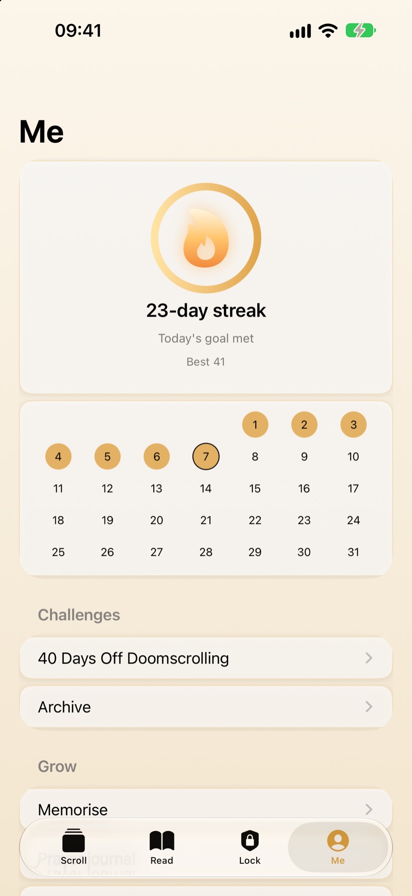 The Me tab: a glowing flame inside a progress ring, a 23-day streak, today's goal met, and a calendar of the month.