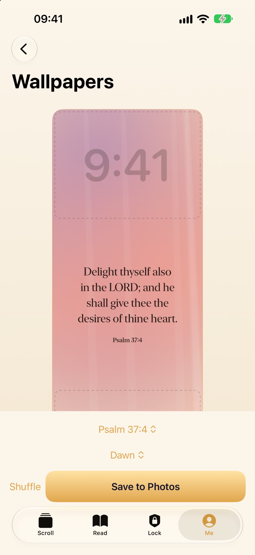 The wallpaper maker showing Psalm 37:4 on a Dawn background, placed below the Lock Screen clock, with a Save to Photos button.